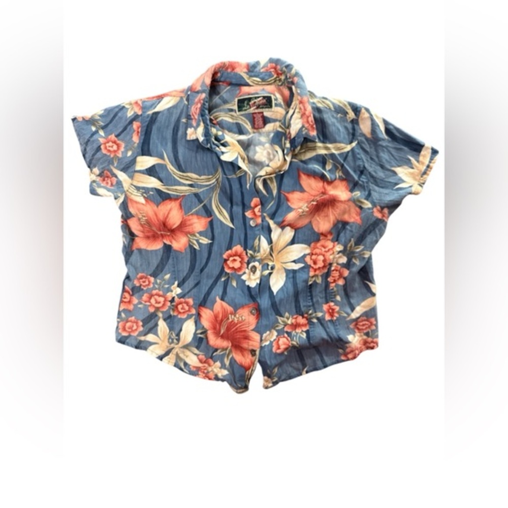 La Cabana Women’s Size Large Tropical Floral Denim short Sleeve Button Up Shirt